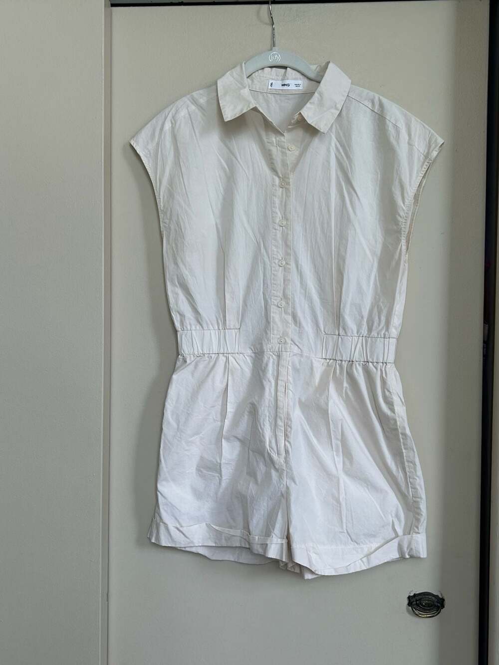 Mango Off White Pure Cotton Solid Short Sleeve Jumpsuit Romper